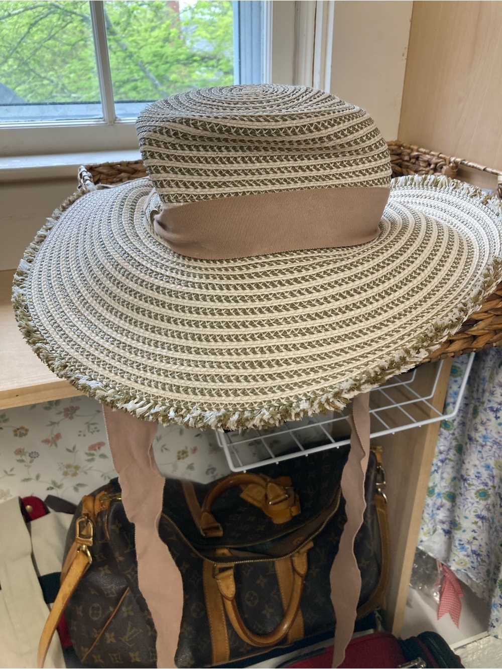 Eric Javits Cream Straw Sun Hat with Taupe Ribbon